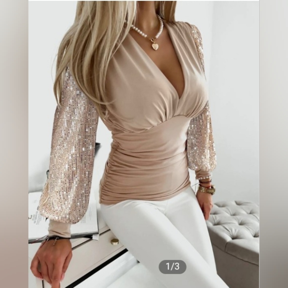 NEW Sexy & Fun Blouse w/Sequin and Ruching for a Touch of Class!